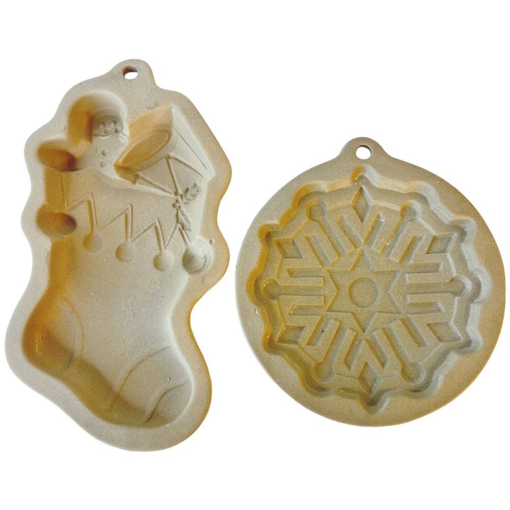 2 Wilton Cookie Art Mold Christmas 1997 Ornament Stocking Stoneware Butter Paper
